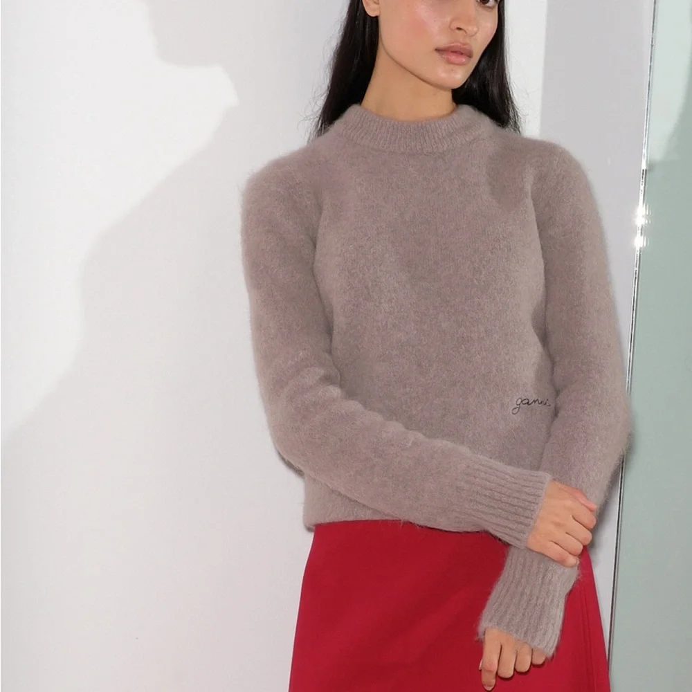 Ganni Beushed Alpaca O Neck Fallen Rock Soft Gray Crew Neck Sweater - Picture 2 of 4